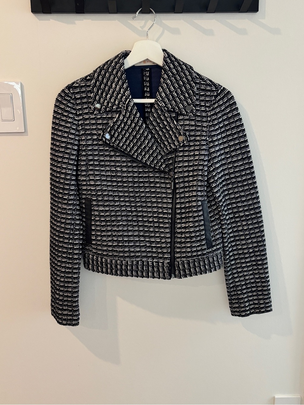 Tory Burch Black & White Bouclé Moto Blazer